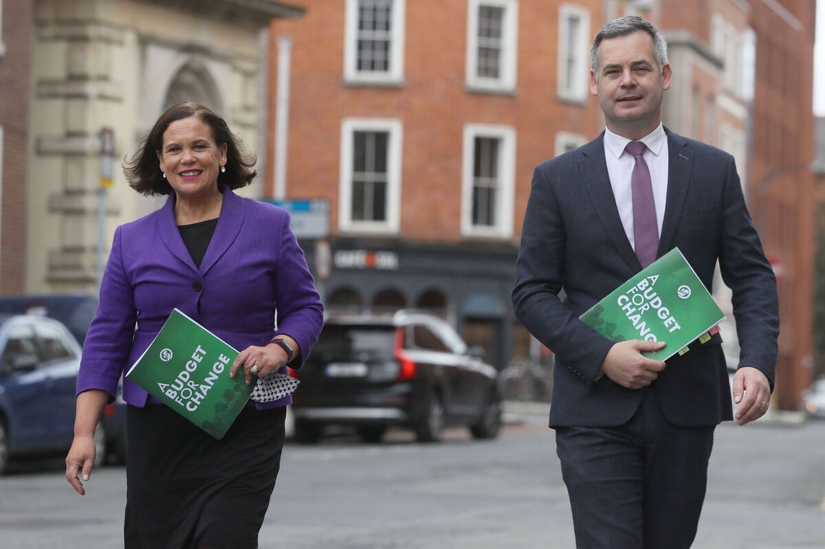 Sinn Féin President Mary Lou McDonald and spokesperson on finance Pearse Doherty arrive at Alex Hotel, Dublin, to publish Sinn Fein's proposals for Budget 2022. Picture: Brian Lawless/PA Wire