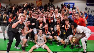 <p class="contextmenu internal_Caption">The Ballincollig team celebrate after the Hula Hoops Presidents National Cup Final win over IT Carlow at the National Basketball Arena in January 2020. Picture: Brendan Moran/Sportsfile</p>