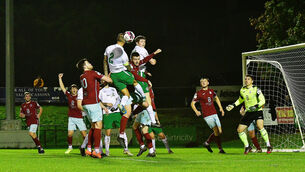 <p> Goalmouth action between Cobh Ramblers and Cabinteely in their sides League of Ireland First Division match at Stradbrook Road. Picture: Moya Nolan</p>