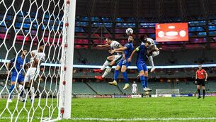 <p>Chiedozie Ogbene heads Ireland’s third goal during the World Cup Group A qualifier against Azerbaijan at the Olympic Stadium in Baku on Saturday. 	<span class="contextmenu emphasis CaptionCredit">Picture: Stephen McCarthy/Sportsfile</span>
            </p>