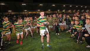 <p> Eoghan Varian, Glen Rovers captain, receives the Cup. Picture: Jim Coughlan.</p>