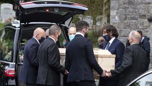 <p>The coffin is carried into St Kevins Church in Glendalough, Co. Wicklow for the funeral of Paddy Moloney. Picture: Damien Eagers / RollingNews.ie</p>