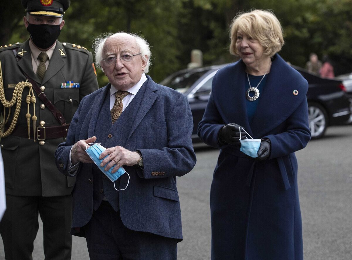 Michael D Higgins, President of Ireland and his wife, Sabina arrive at St Kevins Church in Glendalough, Co. Wicklow for the funeral of Paddy Moloney. Picture:: Damien Eagers / RollingNews.ie