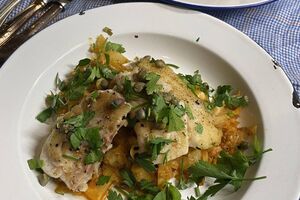 Hake with harissa, fennel and capers