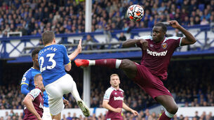 <p>West Ham United's Kurt Zouma (right) and Everton's Seamus Coleman battle for the ball during the Premier League match at Goodison Park, Liverpool. Picture: Peter Byrne/PA</p>