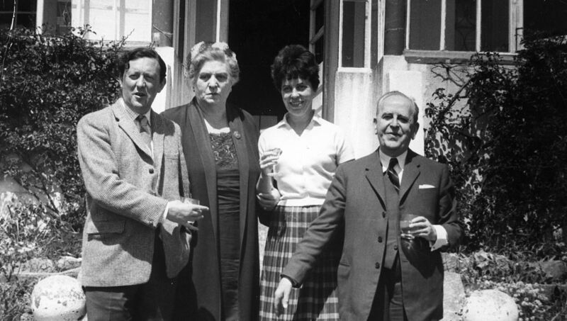 Conor Cruise O'Brien with his wife Máire Mhac an tSaoi and her parents Mairéad de Brun and Seán MacEntee, outside her house Whitewater, Howth, Dublin, shortly after the couple married in 1962.