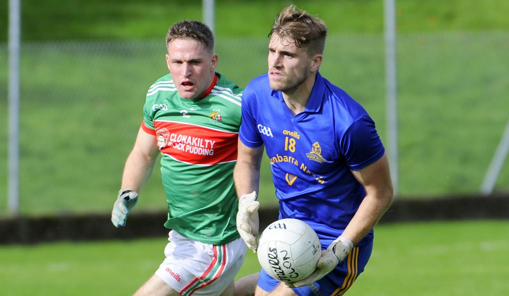 St.Finbarr's, Ian Maguire in action against Clonakilty's Liam O'Donovan in the Bon Secours Cork Premier SFC R3 tie at Coachford. 