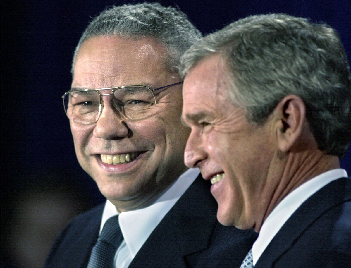 Former President George W Bush smiles as he introduces retired Gen. Colin Powell, left, as his nominee to be secretary of state during a ceremony in Crawford, Texas. Picture: AP Photo/David J. Phillip Former President George W Bush smiles as he introduces retired Gen. Colin Powell, left, as his nominee to be secretary of state during a ceremony in Crawford, Texas. Picture: AP Photo/David J. Phillip
