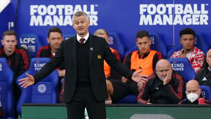 Ole Gunnar Solskjaer shows his frustration during the defeat to Leicester (Mike Egerton/PA)