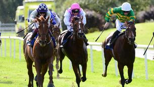 <p>Caroline Herschel and Nathan Crosse (left) win the Irish Stallion Farms EBF Maiden from Comfort Zone and Shane Crosse (hoops) at Killarney earlier this month. Photo: Healy Racing</p>