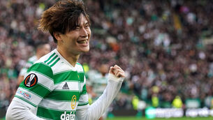 <p>Celtic's Kyogo Furuhashi celebrates scoring their side's first goal. Picture: Andrew Milligan/PA</p>