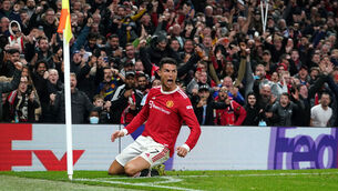 <p>Cristiano Ronaldo celebrates scoring Manchester United's late winner during the Champions League, Group F match against Atalanta at Old Trafford. Picture: Martin Rickett/PA</p>