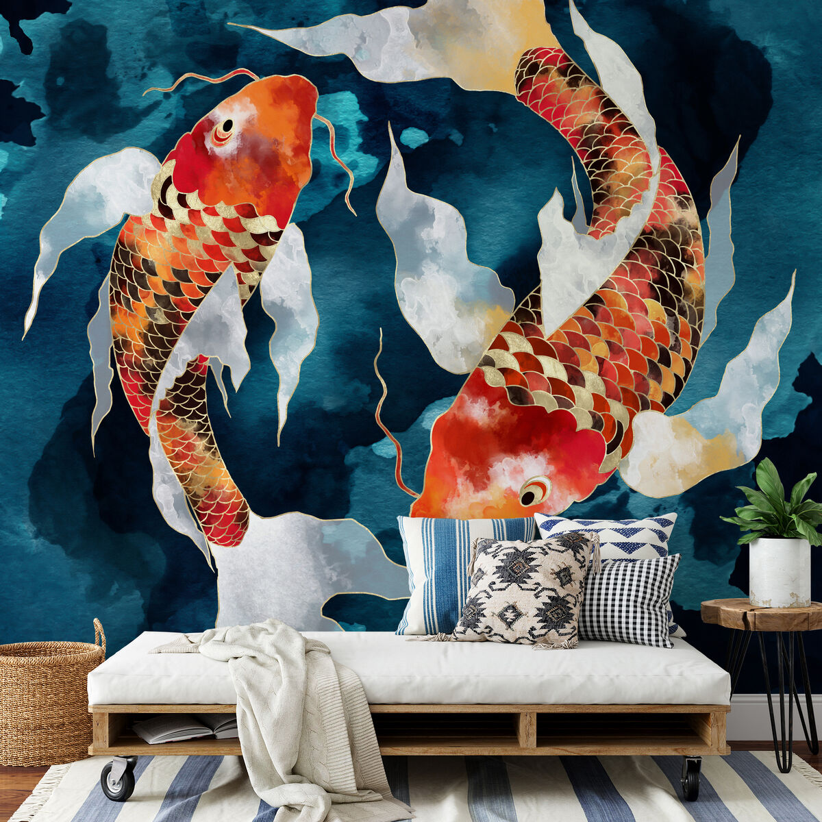 Murals from illustrations, art, childrenís work and your own photographs can deliver fabulous murals. Explore the supplier in house collections in your travels. Koi II Mural by Spacefrog for wallsauce.com. 