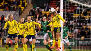 <p>Jonna Andersson of Sweden clears the ball ahead of Niamh Fahey of Republic of Ireland during the FIFA Women's World Cup 2023 qualifier. Picture: Stephen McCarthy/Sportsfile</p>