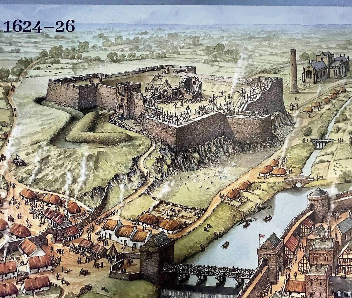 A reconstruction of life at Elizabeth Fort and its surrounds, c.1624, after it was rebuilt when it was attacked by supporters of the Catholic King James I. Image: Philip Armstrong, commissioned by Cork City Council