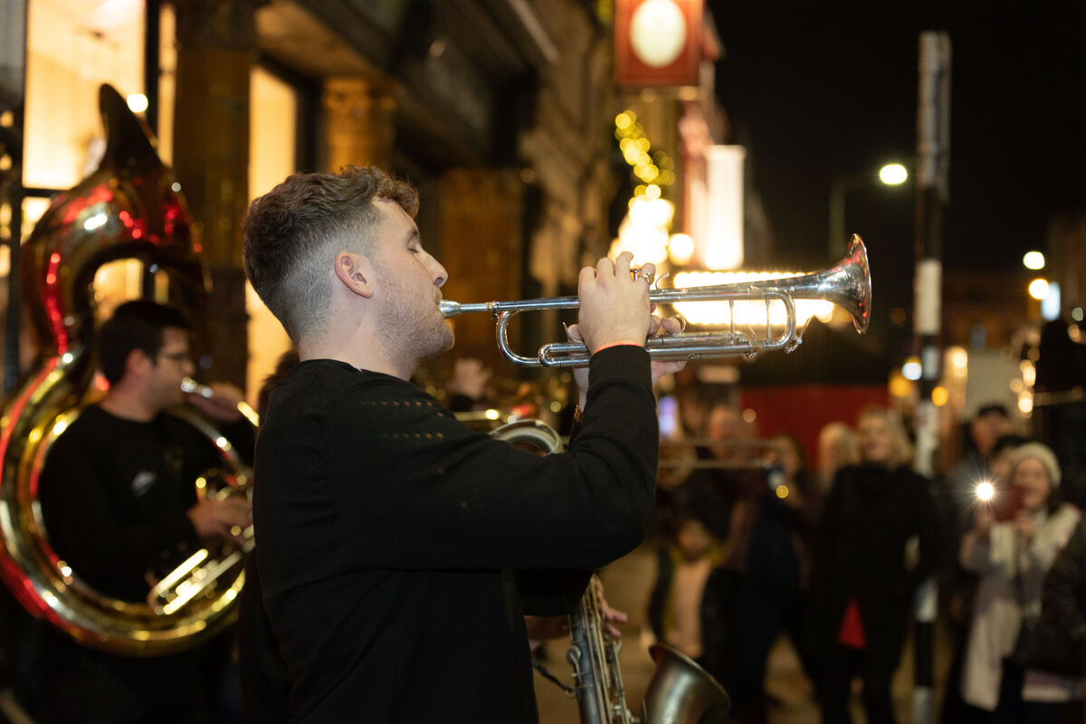 Members of the Hyde Park Brass Band playing at the Guinness Cork Jazz Festival opening night outside the Metropole Hotel, Cork. Picture: Darragh Kane
