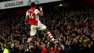<p>Pierre-Emerick Aubameyang jumps for joy after scoring Arsenal’s second goal.</p>