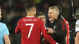 <p>Ole Gunnar Solskjaer celebrates with Cristiano Ronaldo after his late winner against Atalanta. Picture: Dave Thompson/AP</p>