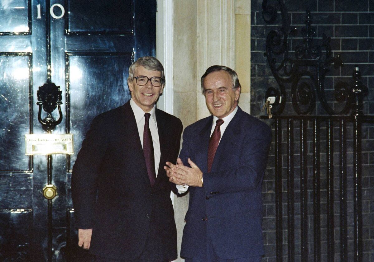 Taoiseach Albert Reynolds applauding next to British prime minister John Major outside 10 Downing Street in London, during a visit by Reynolds for talks over British troops in Northern Ireland. The Downing Street Declaration was the outstanding achievement of Albert Reynolds’ career. Picture: Gerry Penny/AFP via Getty Images