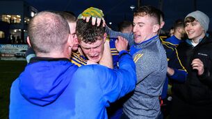 <p>Knockmore goalkeeper Ryan McDermott is congratulated by his team-mates after the Mayo SFC quarter-final win over Ballintubber in Bekan, Photo by Matt Browne/Sportsfile</p>