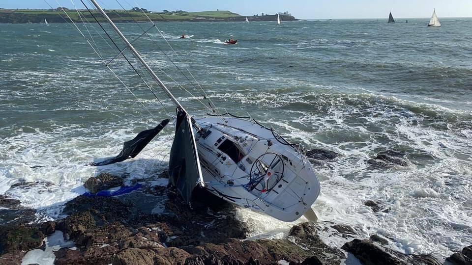 The yacht aground on rocks at Weaver’s Point. Picture: Crosshaven Coast Guard 