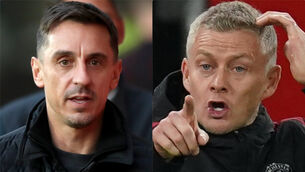 <p>Gary Neville, left, believes the Manchester United board will stand by Ole Gunnar Solskjaer, right (PA)</p>