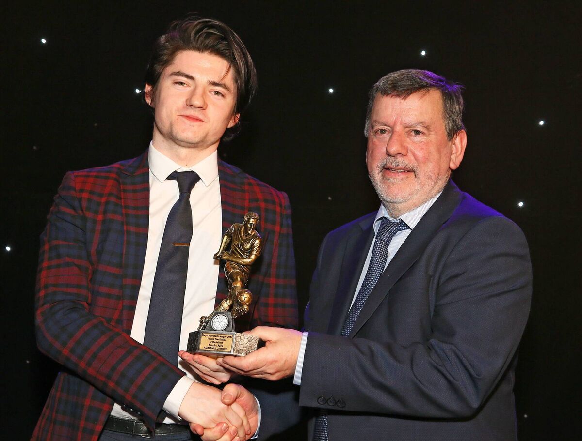 Adam Mulchrone receiving his Young Footballer of the Month award from then FAI President elect Donal Conway at the Mayo Football League’s annual presentation dinner and awards night for the 2017 season. Picture: Michael Donnelly Adam Mulchrone receiving his Young Footballer of the Month award from then FAI President elect Donal Conway at the Mayo Football League’s annual presentation dinner and awards night for the 2017 season. Picture: Michael Donnelly
