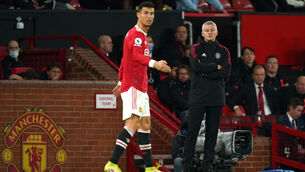 <p>Cristiano Ronaldo's dismissive wafts of the hand at every goal conceded suggest he is chafing against Manchester United manager Ole Gunnar Solskjaer. Picture: Martin Rickett/PA</p>