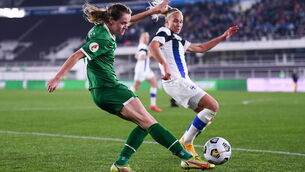 <p>Ireland's Heather Payne in action against Emma Koivisto of Finland during the FIFA Women's World Cup 2023 qualifying group A match between Finland and Republic of Ireland at Helsinki Olympic Stadium in Helsinki, Finland. Photo by Stephen McCarthy/Sportsfile</p>