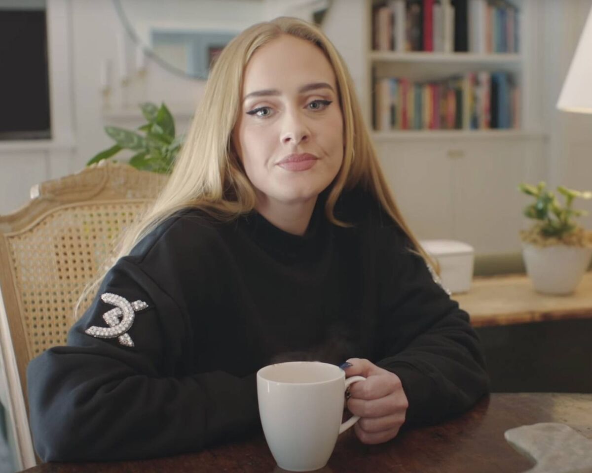 Adele in her living area with a cuppa. Picture: Joe Sabia for Vogue