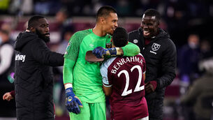 <p>West Ham United goalkeeper Alphonse Areola celebrates with Said Benrahma after winning the Carabao Cup Fourth Round match at the London Stadium. Picture: John Walton/PA</p>