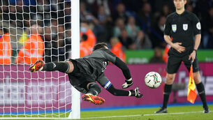 <p>Leicester goalkeeper Danny Ward saves the decisive penalty (David Davies/PA)</p>