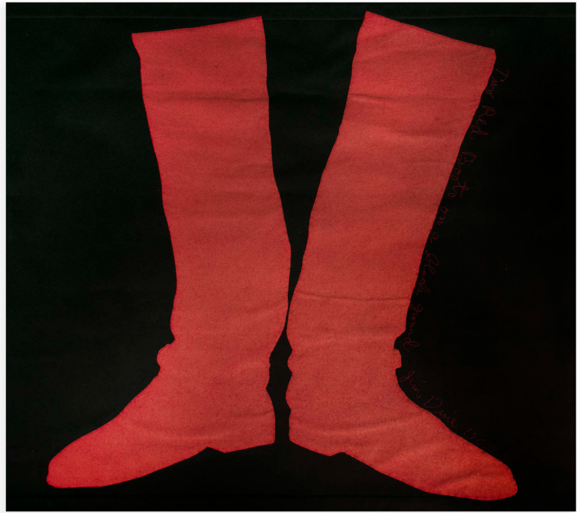 Two Red Boots on a Black Ground, a collage on felt by Jim Dine, from the collection of renowned architect Michael Scott, is at the Adams Mid-Century Modern sale next Tuesday.