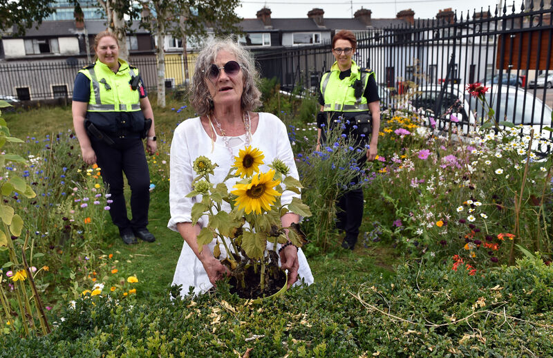 Gardai  Kay Griffin (left) and Marie O'Neill with Helen Phelan, Hibernian Buildings , Cork meet up in the wild garden at Shalom Park in summer 2021