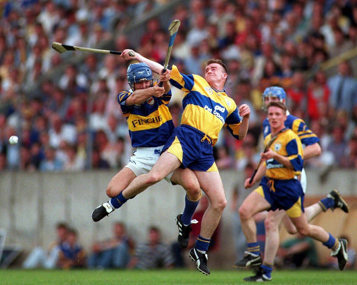 Fergus Tuohy of Clare in action against Colm Bonnar of Tipperary during the 1997 Munster SHC final in Páirc Uí Chaoimh. Picture: Ray McManus/Sportsfile