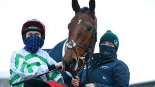 <p>Hollow Games and Jamie Codd with groom Sinead O'Brien after winning at Leopardstown last year. Picture: Healy Racing</p>