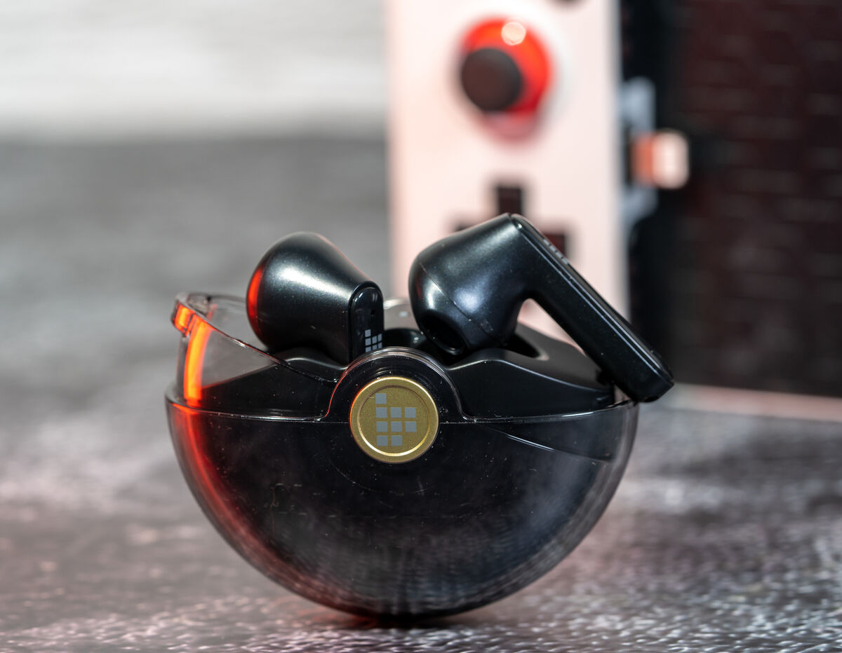 Tronsmart Battle Gaming earphones. What makes them unique is the transparent charging case that sports a long RGB light strip. Pic: Noel Campion.