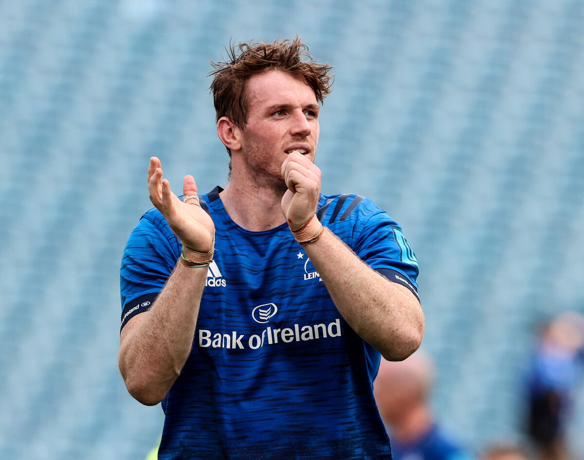 Leinster's Ryan Baird celebrates after the win over Zebre in the URC. Picture: INPHO/Billy Stickland