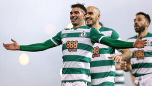 <p>Shamrock Rovers' Daniel Mandroiu celebrates scoring his second goal. Picture: INPHO/Laszlo Geczo</p>