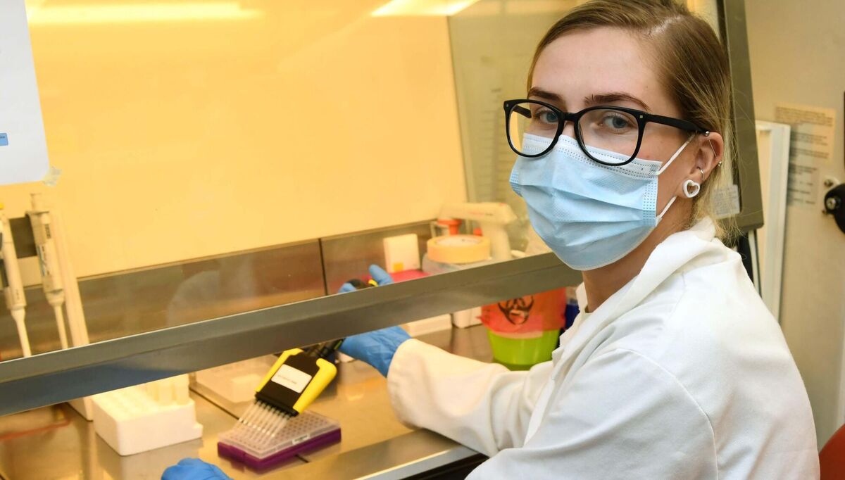 Joanna Szafran, microbiology graduate, pipetting saliva samples for Covid testing in the UniCov UCC Lab in Cork. Picture: Denis Minihane.
