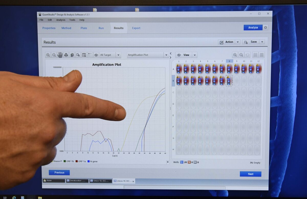 A PCR Covid positive test result being shown on screen in the UniCov UCC Lab in Cork. Picture: Denis Minihane.