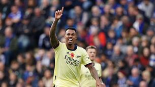 <p>Arsenal's Gabriel Magalhaes celebrates scoring their side's first goal of the game during the Premier League match at the King Power Stadium, Leicester. Picture: Zac Goodwin/PA Wire </p>
