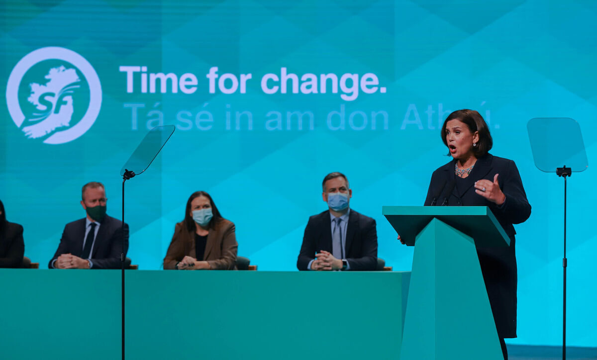 Standing in front of the banner, Time for Change, the Dublin TD told the party faithful that the parties led by Leo Varadkar and Micheál Martin have been in government for “too long”. Picture: Damien Storan/PA Wire