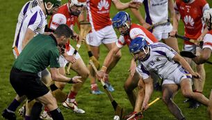 <p>31 October 2021; Referee Sean Stack throws in the sliotar during the Go Ahead Dublin County Senior Club Hurling Championship Semi-Final match between Cuala and Kilmacud Crokes at Parnell Park in Dublin. Photo by Ray McManus/Sportsfile</p>