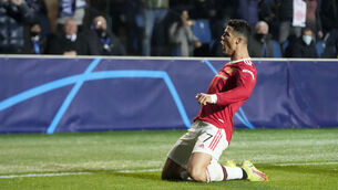 <p>Manchester United's Cristiano Ronaldo celebrates after scoring his side's second goal</p>
