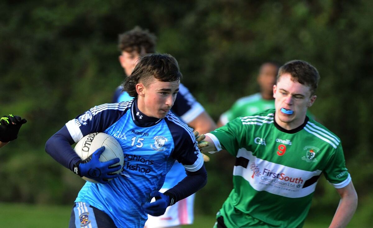 Clonakilty Community College's Olan O'Donovan trying to get past Ciarán Doolan of Coláiste Chríost Rí in the Corn Uí Mhuirí at Ahamilla. Picture: Denis Minihane.