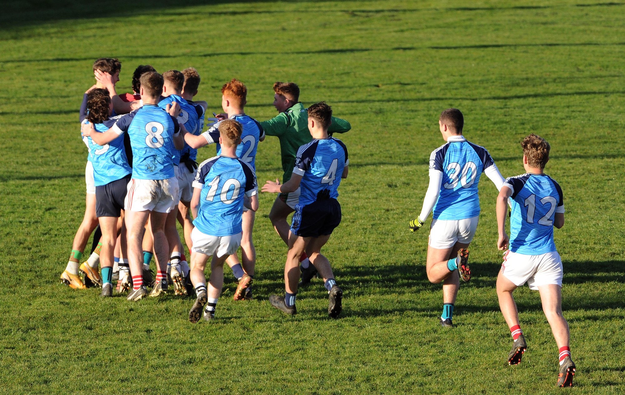 Clonakilty Community College players celebrating their victory after a penalty shoot-out against Coláiste Chríost Rí in the Corn Uí Mhuirí at Ahamilla. Picture: Denis Minihane.