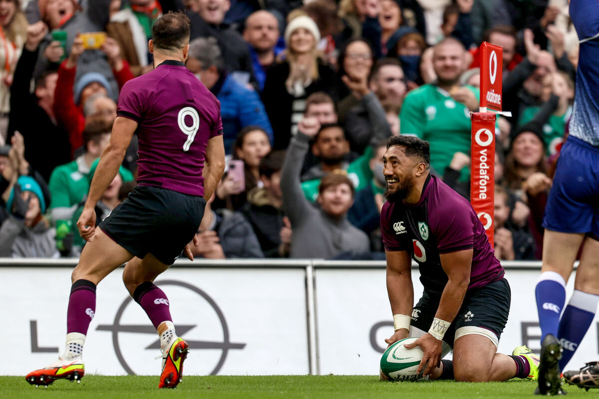 Ireland's Bundee Aki celebrates after scoring a try. Picture: INPHO/Gary Carr