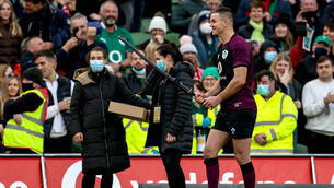 <p>Johnny Sexton with a ceremonial sword that he was presented with by Japan after winning his 100th cap for Ireland. Picture: INPHO/Gary Carr</p>