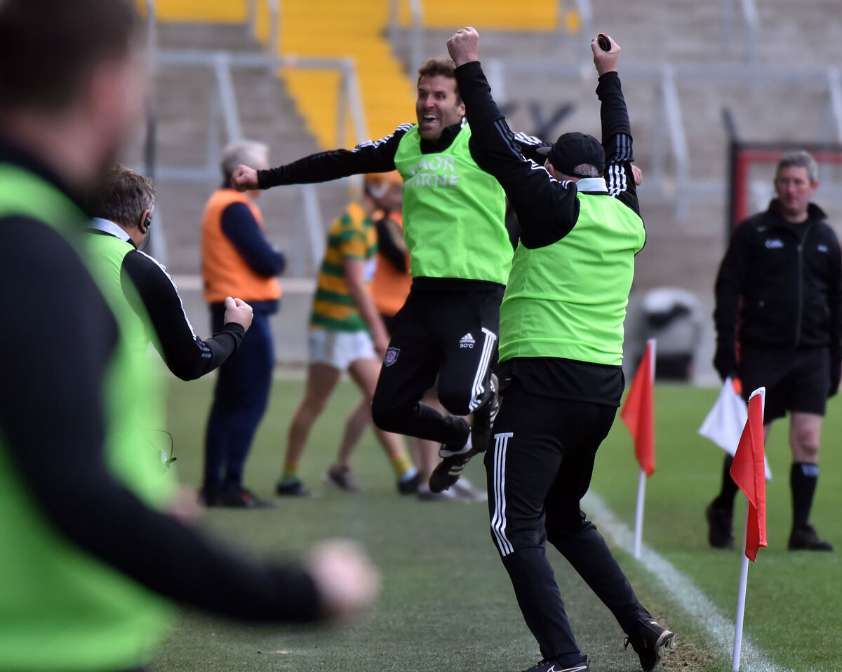 Midleton manager Ger Fitzgerald and coach Ben O'Connor celebrate at the final whistle. Picture: Eddie O'Hare